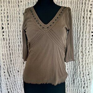 Olsen Brown Embellished V-Neck Blouse – Size Medium